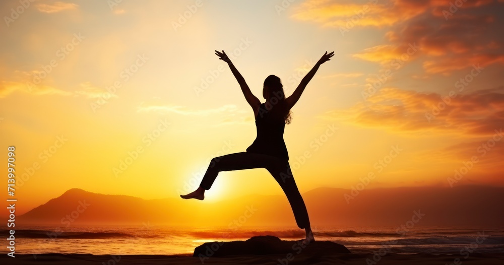 Twilight Tranquility - Yoga virabhadrasana, warrior pose by woman in silhouette with sunset sky background
