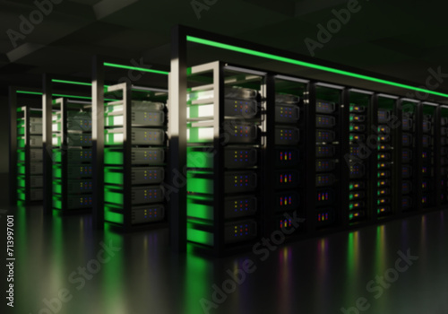 Data processing center. Information processing equipment. Interior of company specializing in data processing. Premises with computer equipment without anyone. Servers for big data storage. 3d image.