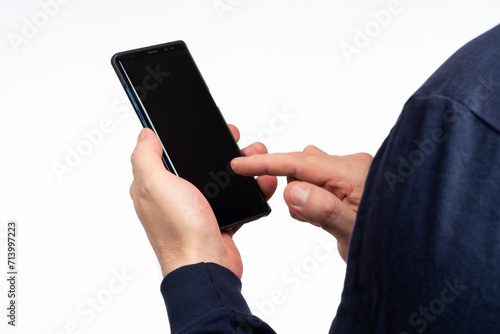 Man phone. Empty black cell...