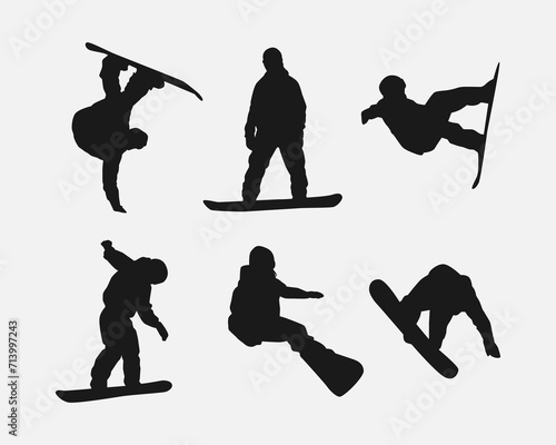 Vector set silhouettes of snowboarder. Snowboard sport. Isolated on white background.