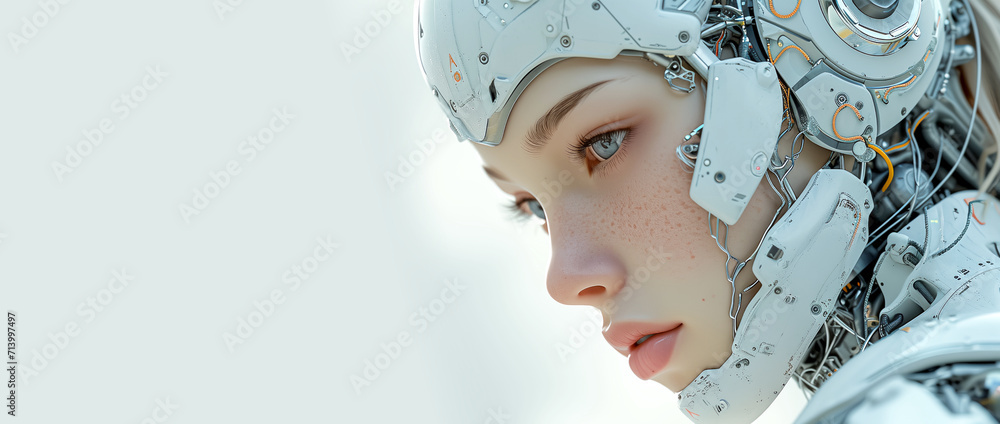 A future female robot , realistic face human-like, bionic futuristic capable. On white background
A future female robot , realistic face human-like, bionic futuristic capable. On white background