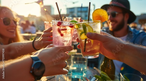 Group of Friends Toasting with Refreshing Cocktails Outdoors photo