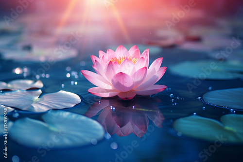 Beautiful pink lotus flower in the middle of a pond with cyan water