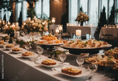 Buffet Table with dishware waiting for guests catering eat food wedding