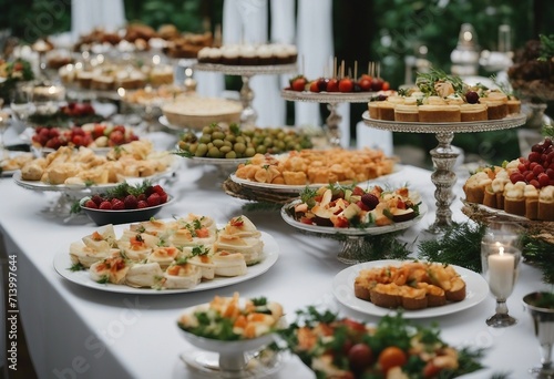 Catering wedding buffet for events Wedding Reception Buffet Food Buffet Table with dishware waiting