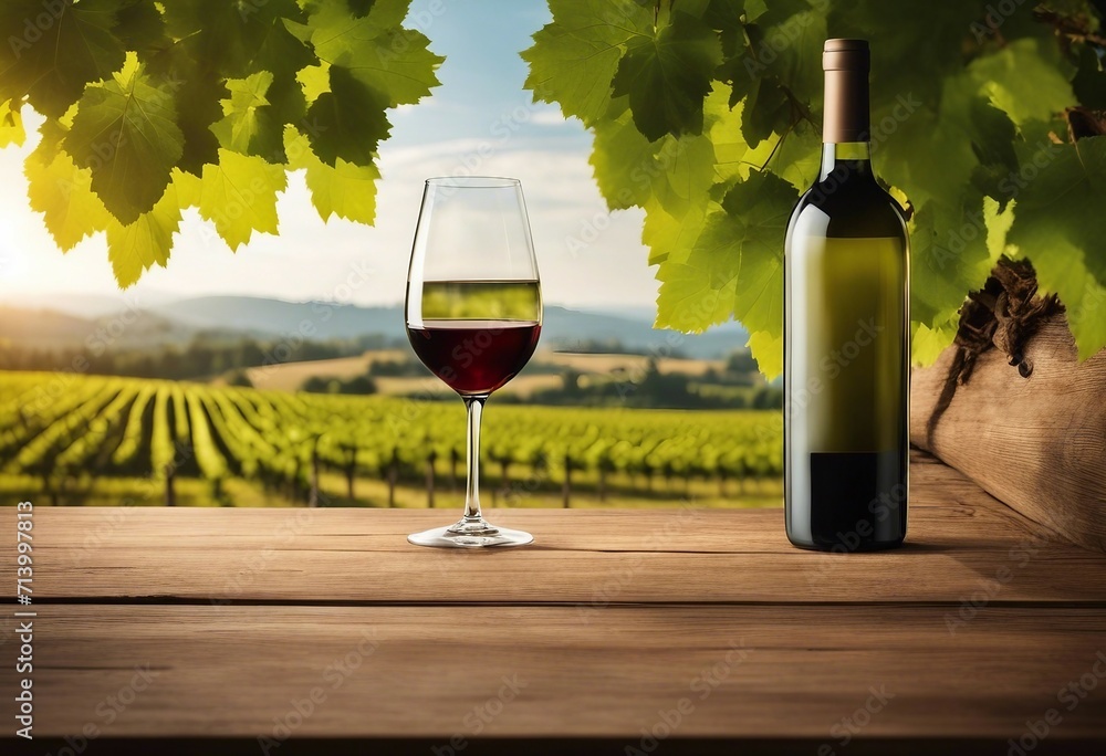 Empty wood table top with a glass of wine on blurred vineyard landscape background for display or mo