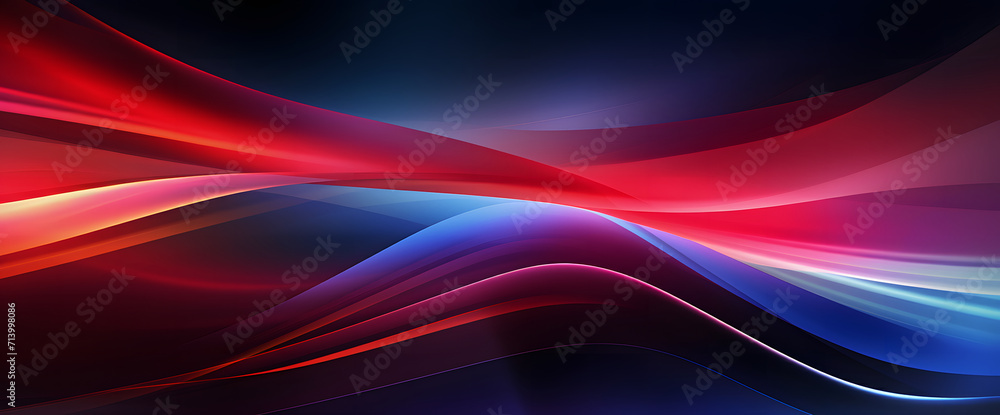 Naklejka premium Abstract modern artwork with high speed sync blue and red lights background. Dark navy and orange tones, vibrant colorscape with high horizon lines.