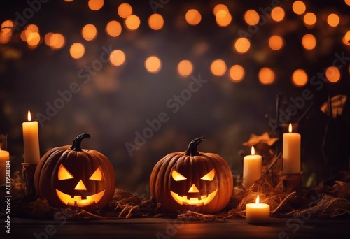 Halloween party Wooden banner with pumpkin head jack lanterns burning candles bats in dark spooky my © ArtisticLens
