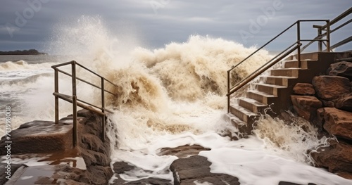 The Powerful Scene of Waves Crashing on Coastal Steps Amidst a Raging Storm
