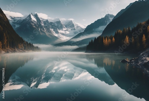 Lake panorama in a foggy morning with glaciers mountains and reflection © ArtisticLens