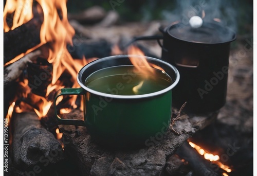 Metal campfire enamel mug with hot herbal tea on campfire a pot of water boiling over a fire and a f