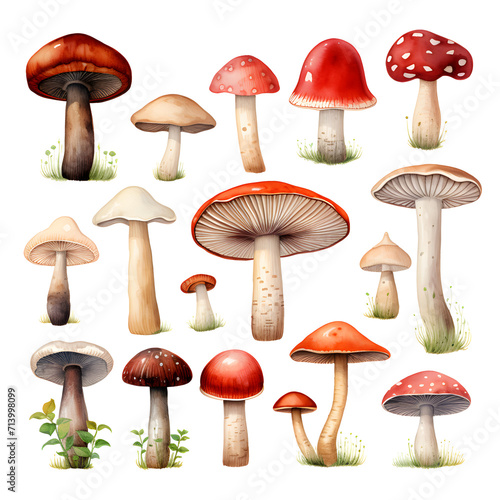 A variety of different Mushrooms on a white background 
