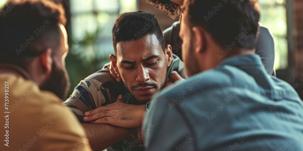 Men in a Supportive Group Huddle Men in a Supportive Group Huddle
