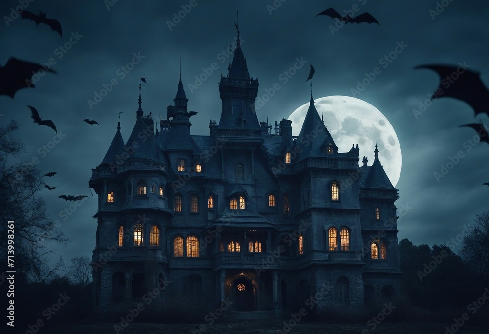 Scary gothic castle on Halloween night haunted palace or mansion for dark blue background Spooky vie - obrazy, fototapety, plakaty 