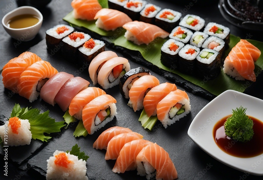 Sushi Set sashimi and sushi rolls served on stone slate Sushi Set sashimi and sushi rolls served on stone slate