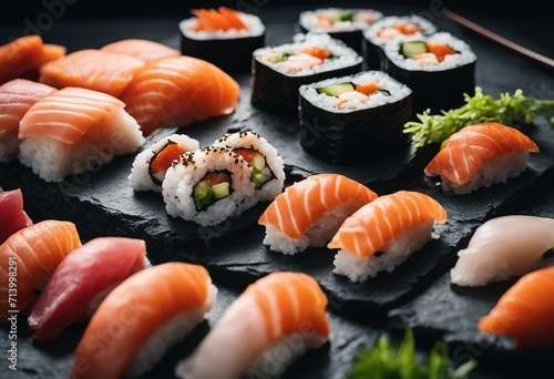 Sushi Set sashimi and sushi rolls served on stone slate