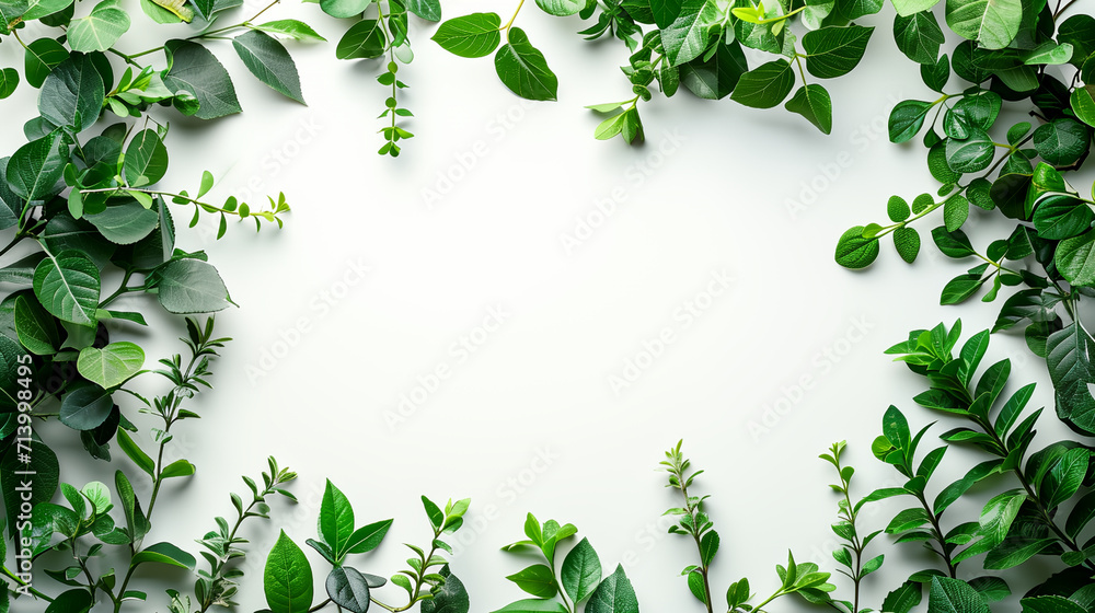 Fototapeta premium green leaves as a frame and blank empty white at center for copy space. For natural product mock up, advertising background
