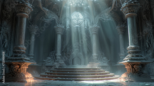  dark mythical aquamarine cathedral with stone steps, epic fantasy scenes, ray lights, game or wallpaper background  photo