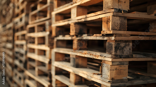 Wood pallet stack in warehouse emphasizes eco-friendly, sustainable features for shipping and supply chains.  photo