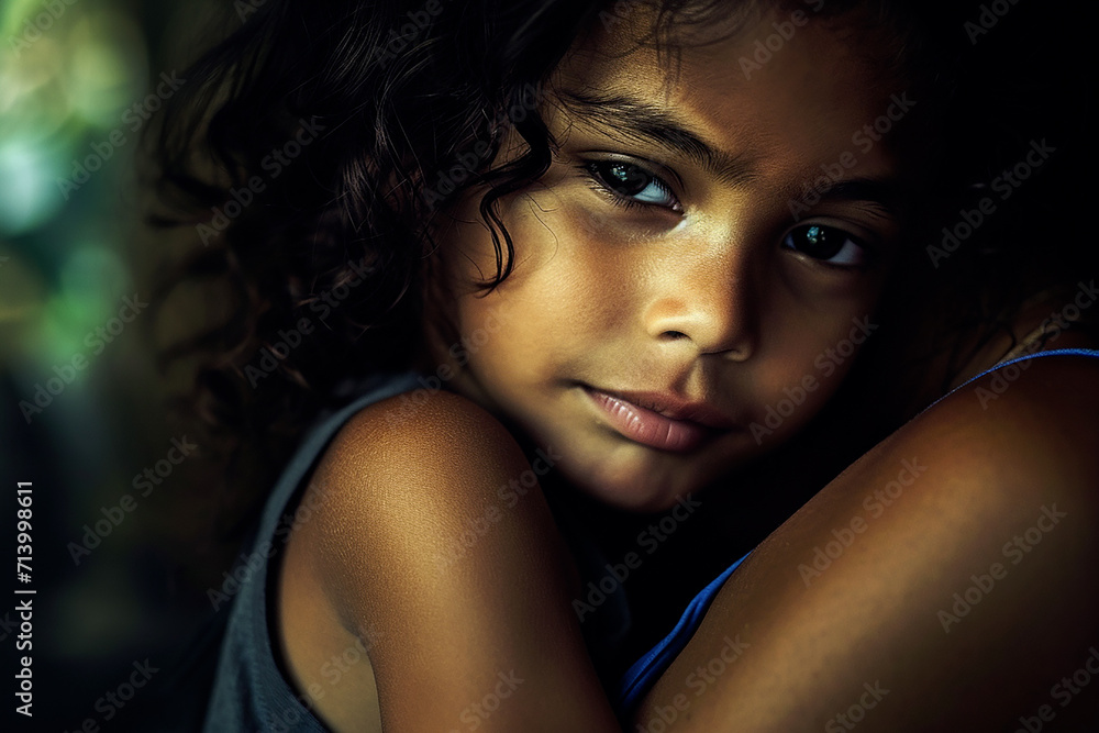Portrait of curly dark-haired cute little dark-skinned girl in tank top sitting in shady area with diffused natural light framing face, photographic style with warm tones and soft focus on background Portrait of curly dark-haired cute little dark-skinned girl in tank top sitting in shady area with diffused natural light framing face, photographic style with warm tones and soft focus on background