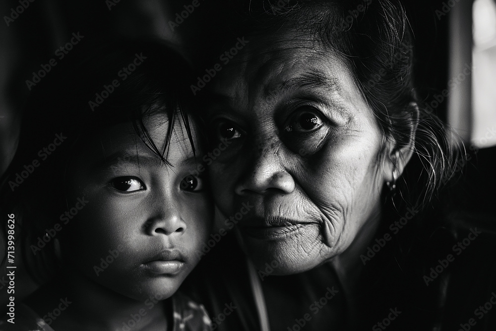 portrait of couple, black and white generational portrait of Asian older woman and young girl inside home, with accentuated contrast lighting highlighting texture and emotional depth of their faces portrait of couple, black and white generational portrait of Asian older woman and young girl inside home, with accentuated contrast lighting highlighting texture and emotional depth of their faces