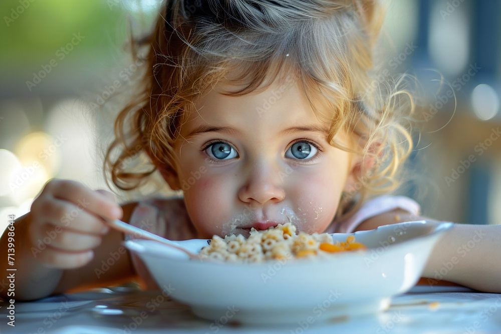 Fototapeta premium a close-up portrait of a light-skinned, charming girl eating oatmeal with a spoon. Light background, natural daylight. young girl eating breakfast