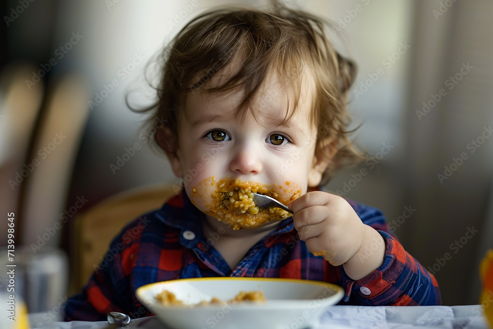 little boy with brown hair and expressive eyes eats diligently, holding fork with food, his face little stained with food, spontaneity of child's lunch. Photo background blurred, child, baby food