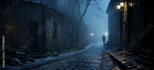 Man walking in a dark alley at night. Horror movie concept. Silhouette of a man walking in a dark alley at night photo