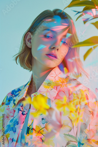 Colorful spring fashion ensemble, featuring clothes adorned with floral patterns. Artistic photo capturing a woman with floral patterned shadows on her face, invoking a dreamlike mood.