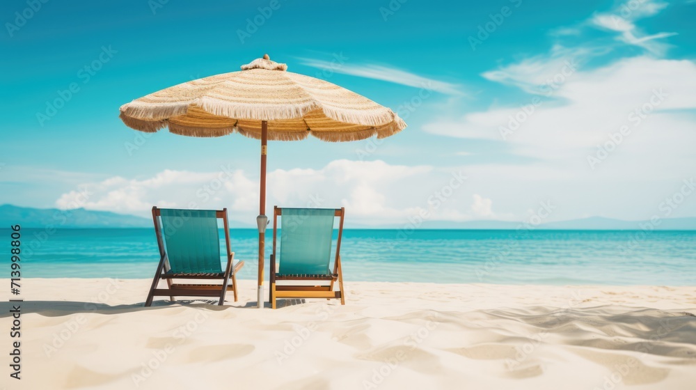 Chairs and umbrella in tropical beach - seascape banner.
