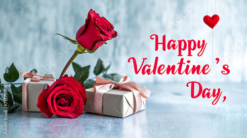 bouquet of roses and gift box valentine's day poster. While elegant sleak degin banner of valentine's day. Perfect background for valentine's day date photo