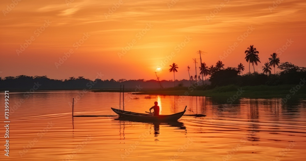 The Idyllic Scene of a Fisherman in Solitude as the Sun Sets