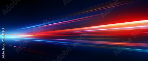 Abstract modern artwork with high speed sync blue and red lights background. Dark navy and orange tones, vibrant colorscape with high horizon lines. photo