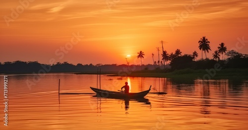 The Idyllic Scene of a Fisherman in Solitude as the Sun Sets © Godam