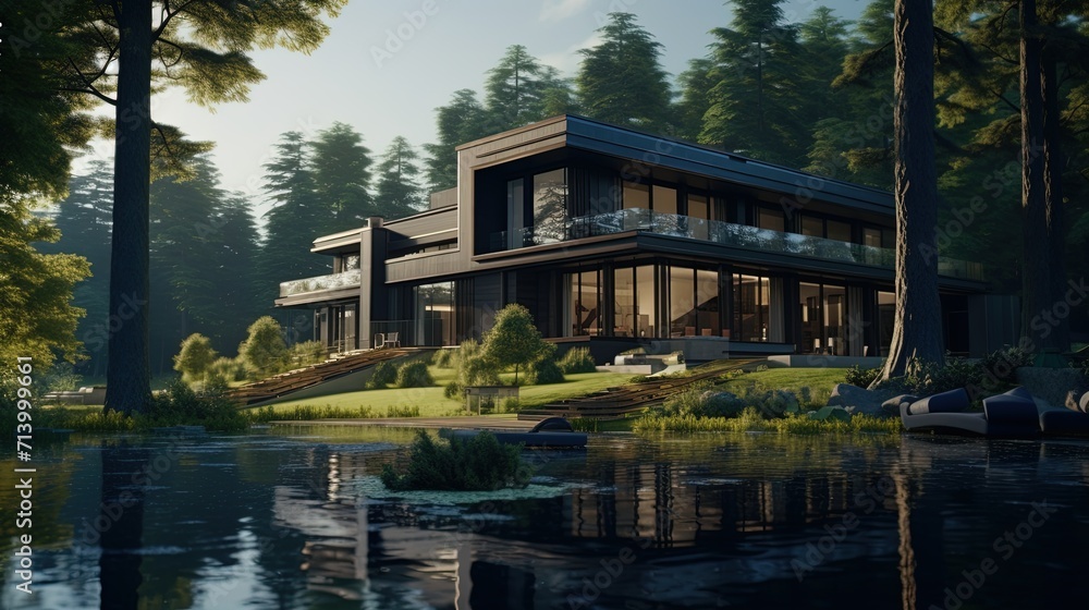 Nestled in a lush forest, this contemporary retreat boasts floor-to-ceiling windows with a serene lake view, blending luxury with nature. Nestled in a lush forest, this contemporary retreat boasts floor-to-ceiling windows with a serene lake view, blending luxury with nature.