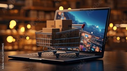Conceptual online shopping image featuring a shopping cart on a laptop keyboard, symbolizing the ease of e-commerce against a bustling warehouse backdrop. photo