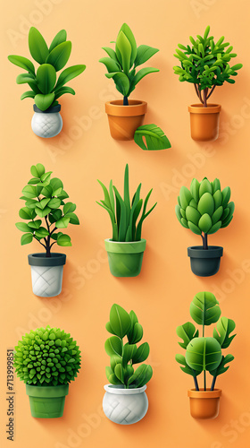 3D Vector Cartoon Icon Set Featuring Plant Shoots, Potted Houseplants, Trees, and Grass