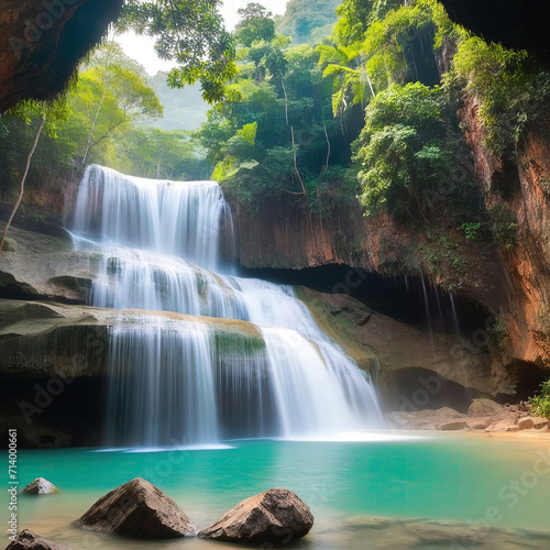 Mystical Waterfall Oasis  A Serene Natural Paradise Amidst Lush Greenery