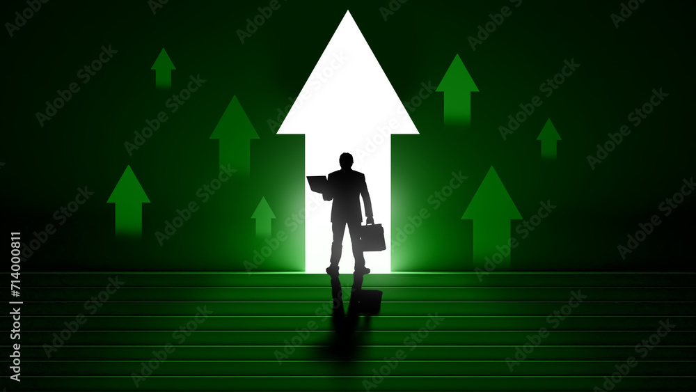 Businessman growing. Achieving success in business. Arrows up near businessman. Corporate employee achieves success. Business triumph. Silhouette manager on steps. Motivational background. 3d image