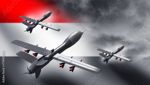 Unmanned aircraft in Yemen. UAV in cloudy sky. Drone attack. Swarm of military drones from Yemen. UAV with missiles strike. Yemen military technologies. UAV are launched to attack enemy. 3d image