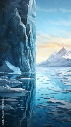 Global warming and climate change concept. Winter landscape with melting glaciers and icebergs.