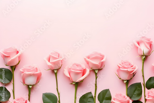 rose flower background. Wedding invitation cards. Valentine's day or mother day holiday concept, top view empty space Ai generated photo