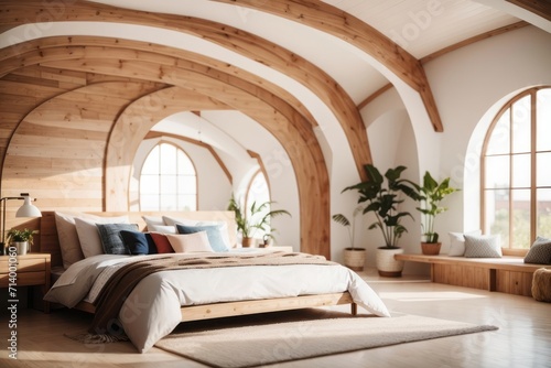 Eclectic Interior home design of modern bedroom with wooden bedroom in attic with arched ceiling © Basileus