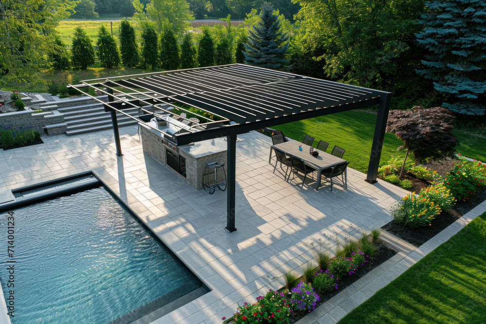 Modern black bio climatic pergola with top view on an outdoor patio. Teak wood flooring, a pool, and lounge chairs. flowers garden and trees