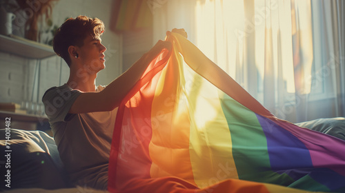 Ein junger Mann steht stolz und selbstbewusst da, während er die Regenbogenfahne der LGBTQ+-Bewegung hält.  photo