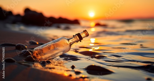 Dusk's Whisper - Message in the bottle against the Sun setting down