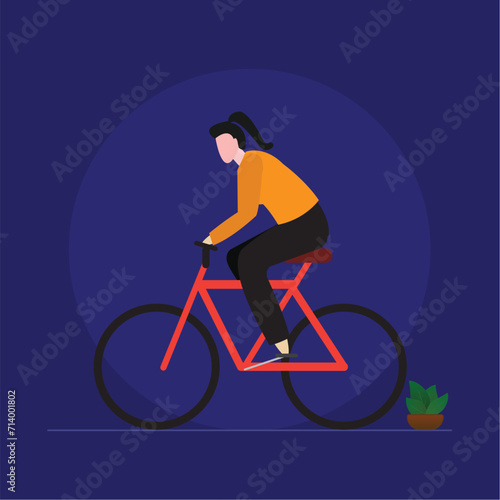 Woman riding a bicycle in park stock illustration, girl riding bike, Concept of cycling, healthy outdoor activity