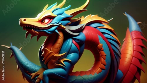 3D Dragon blue, red, gold colors which are in a standing position  photo