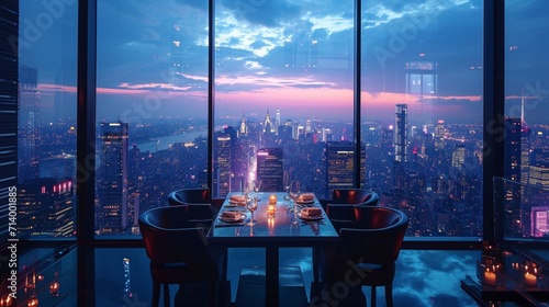 Elevate your dining experience with a table set against a backdrop of panoramic city lights, creating an intimate and sophisticated evening scene. photo