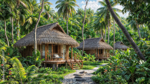 Thatched huts nestled among tropical palms.